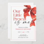 レッドボウファースト誕生日招待状 サンキューカード (正面/裏面)