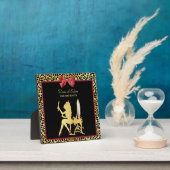 レッドボウヘアサロン付きゴールデンクラウンヒョウ柄 フォトプラーク (インサイチュ)