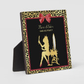 レッドボウヘアサロン付きゴールデンクラウンヒョウ柄 フォトプラーク (正面)