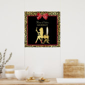 レッドボウヘアサロン付きゴールデンクラウンヒョウ柄 ポスター (キッチン)