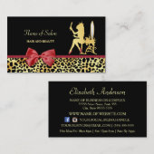 レッドボウヘアサロン付きゴールデンクラウンヒョウ柄 名刺 (正面/裏面)