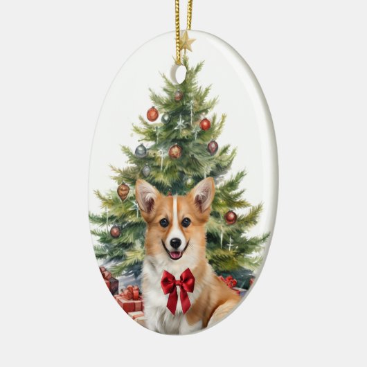 レッドボウペンブロークウェルシュコーギードッグクリスマス セラミックオーナメント (左)