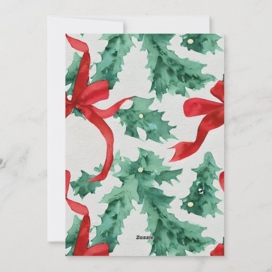 レッドボウホリデーグリーナリーフォトクリスマスカード シーズンカード (裏面)