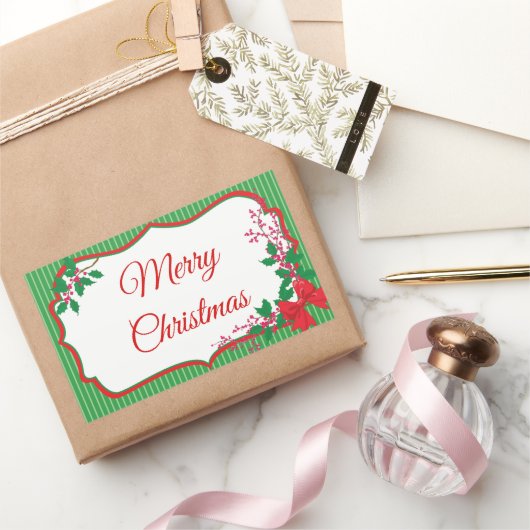 レッドボウホリークリスマスフレーム 長方形シール (ギフト)