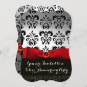 レッドボウホワイトブラックダマスク結婚記念日 招待状 (正面/裏面)