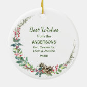 レッドボウポインセティアバードホリデイリース セラミックオーナメント (裏面)