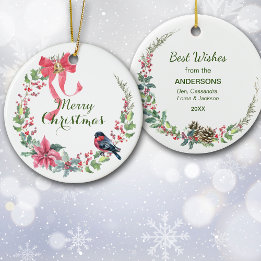 レッドボウポインセティアバードホリデイリース セラミックオーナメント