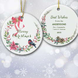 レッドボウポインセティアバードホリデイリース セラミックオーナメント