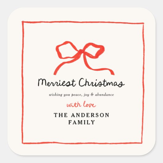 レッドボウモダンス伝統的ミニマルクリスマス スクエアシール (正面)