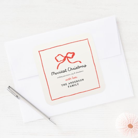 レッドボウモダンス伝統的ミニマルクリスマス スクエアシール (封筒)