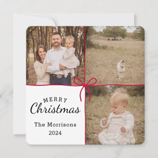 レッドボウラッピング3写真クリスマスカード シーズンカード (正面)