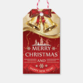 レッドボウ付きの美しいゴールデンクリスマスベル ギフトタグ (正面)
