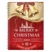 レッドボウ付きの美しいゴールデンクリスマスベル ノートブック (正面)