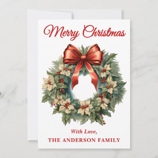 レッドボウ付きホリーベリークリスマスリース シーズンカード (正面)