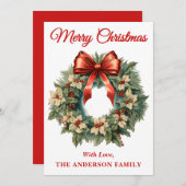 レッドボウ付きホリーベリークリスマスリース シーズンカード (正面/裏面)