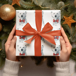 レッドボウ付きホワイトベア – クリスマスラッピング紙 ラッピングペーパー
