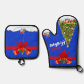 レッドボウ付き雪のメリークリスマスツリー 鍋つかみ&鍋敷きセット (正面)