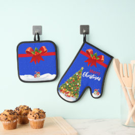 レッドボウ付き雪のメリークリスマスツリー 鍋つかみ&鍋敷きセット