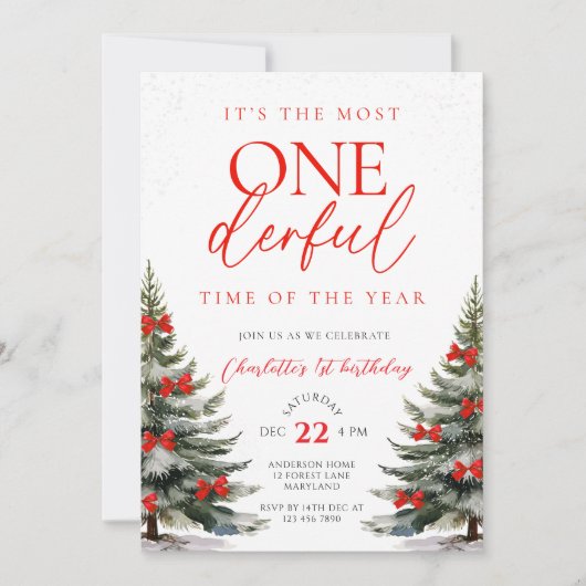 レッドボウ冬オンラダーランド1歳の誕生日 招待状 (正面)