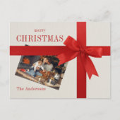 レッドボウ家族の写真の休日クリスマスカード シーズンポストカード (正面)