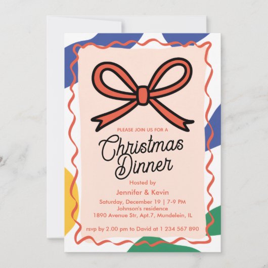 レッドボウ抽象芸術モダンクリスマスディナー シーズンカード (正面)