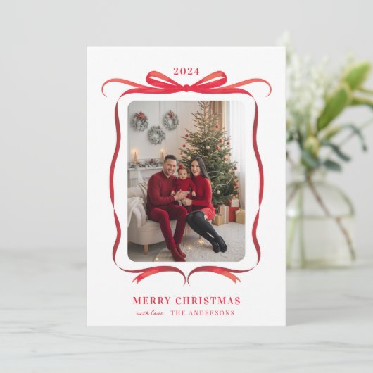 レッドボウ波状リボンフレームメリークリスマスフォト シーズンカード (スタンド正面)