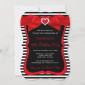 レッドボウ白黒ストライプバースデーパーティー 招待状 (正面)