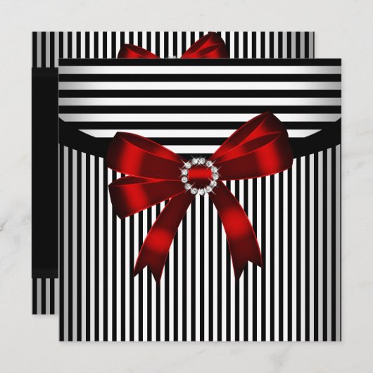 レッドボウ白黒ストライプバースデーパーティー 招待状 (正面/裏面)