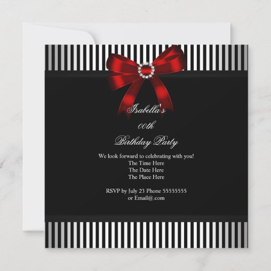 レッドボウ白黒ストライプバースデーパーティー 招待状 (裏面)