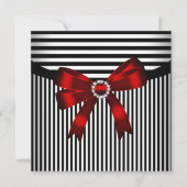 レッドボウ白黒ストライプバースデーパーティー 招待状 (正面)