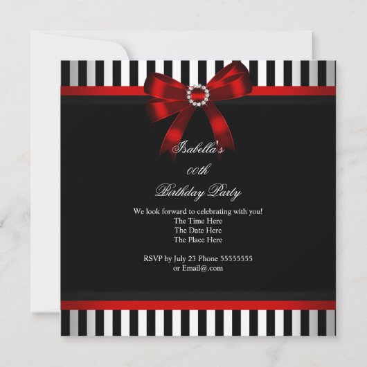 レッドボウ白黒ストライプ誕生日パーティー(3) 招待状 (裏面)
