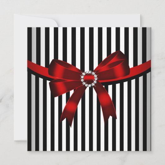 レッドボウ白黒ストライプ誕生日パーティー(3) 招待状 (正面)