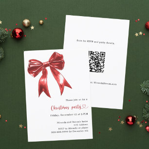 レッドボウ白QRコードクリスマスパーティー 招待状