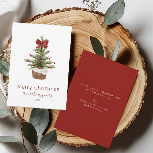 レッドボウ素朴クリスマスツリーファミリーホリデーカード 招待状