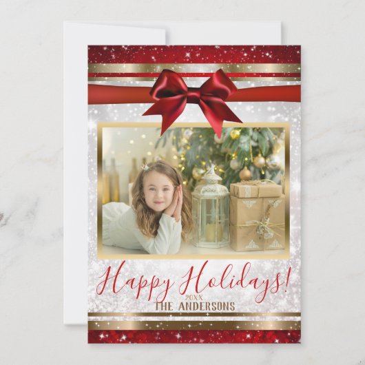 レッドボウ金ゴールドホワイトスパークルホリデーフォトカード シーズンカード (正面)