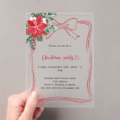 レッドボウ金ゴールドポインセチアパーティー霜 アクリル招待状 (インサイチュ (ポータブル))
