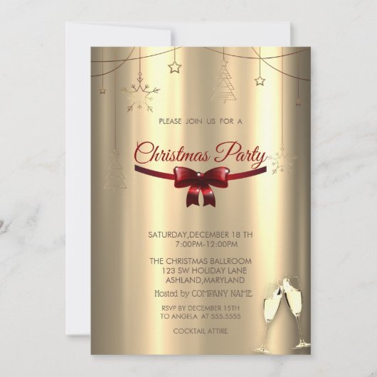 レッドボウ、グラス金ゴールドオーナメント会社クリスマス 招待状 (正面)