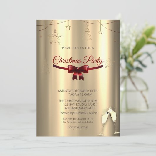 レッドボウ、グラス金ゴールドオーナメント会社クリスマス 招待状 (スタンド正面)