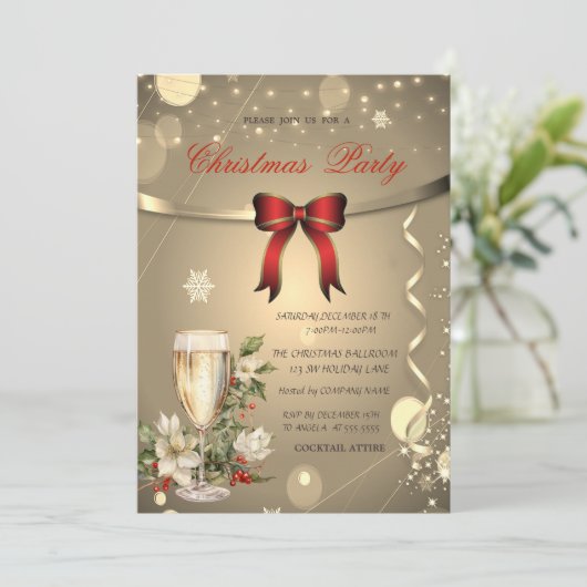 レッドボウ、シャンパンポインセチア会社クリスマス 招待状 (スタンド正面)