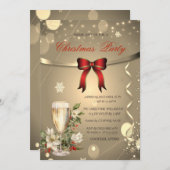 レッドボウ、シャンパンポインセチア会社クリスマス 招待状 (正面/裏面)