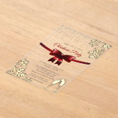 レッドボウ、スノーフレーク、グラス金ゴールド会社クリスマス アクリル招待状 (レイダウン)