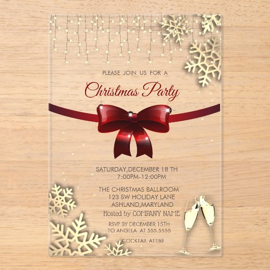 レッドボウ、スノーフレーク、グラス金ゴールド会社クリスマス アクリル招待状 (正面)