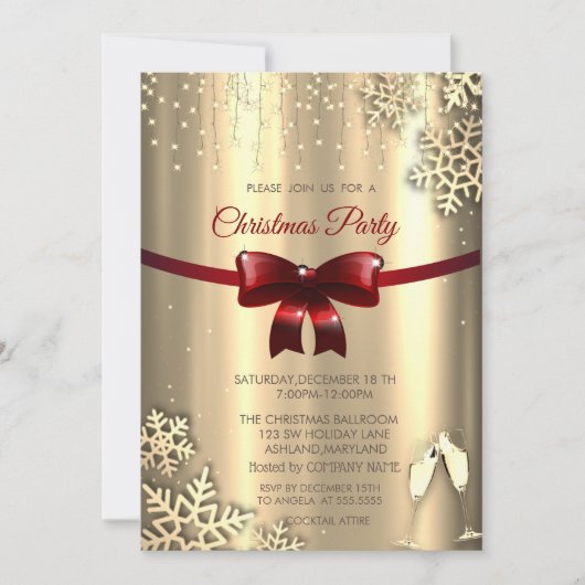レッドボウ、スノーフレーク、グラス金ゴールド会社クリスマス 招待状 (正面)