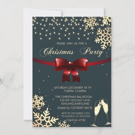 レッドボウ、スノーフレーク、グラス、ブラックカンパニークリスマス 招待状 (正面)