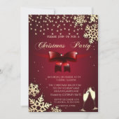 レッドボウ、スノーフレーク、グラス、会社のクリスマスパーティー 招待状 (正面)