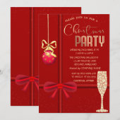 レッドボウ、ボール、シャンパングラスクリスマスカンパニー 招待状 (正面/裏面)