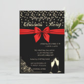 レッドボウ、ワイングラス、ブラックカンパニークリスマスパーティー 招待状 (スタンド正面)