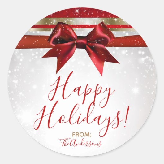 レッドボウ&金ゴールドホワイトスパークルホリデーエレガントお気に入り ラウンドシール (正面)