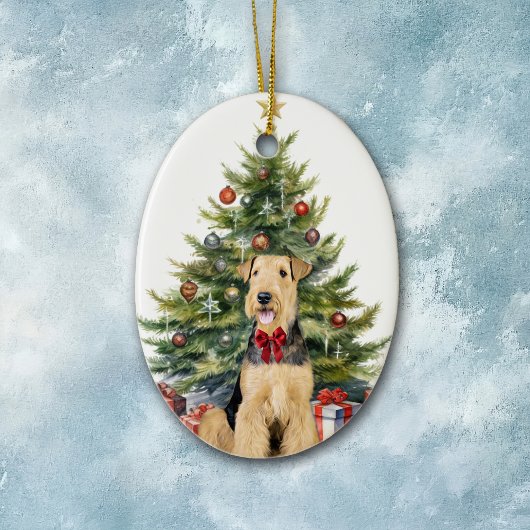 レッドボウAiredale Terrierドッグクリスマス セラミックオーナメント