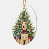 レッドボウAiredale Terrierドッグクリスマス セラミックオーナメント (左)
